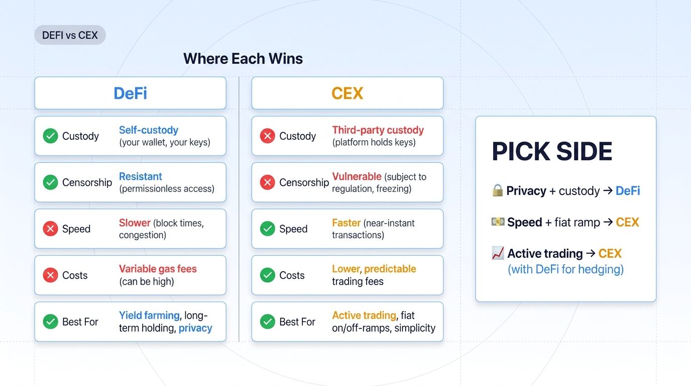 DeFi vs CEX side-by-side comparison: custody, censorship, speed, costs, and best use cases for each.