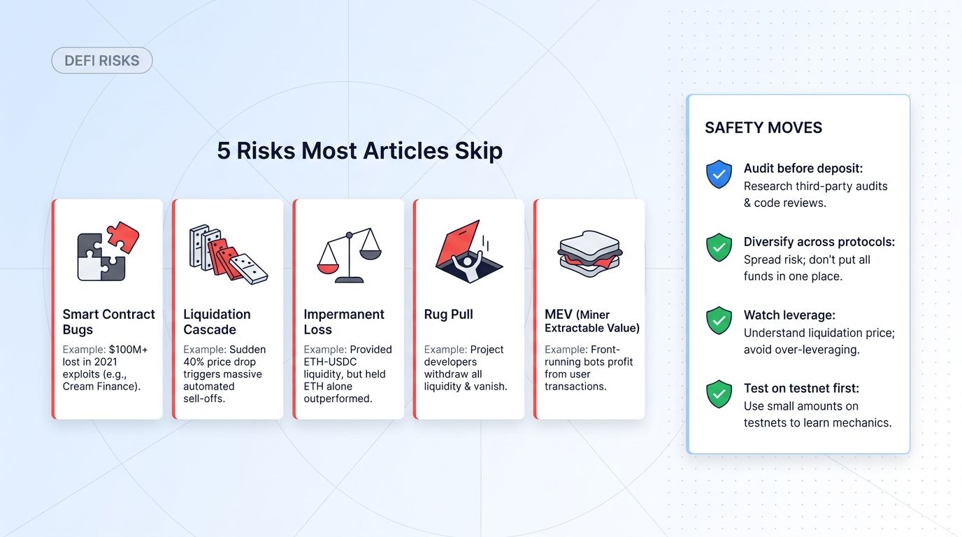 Five real DeFi risks most articles skip: smart contract bugs, liquidation cascades, impermanent loss, rug pulls, MEV sandwiches.