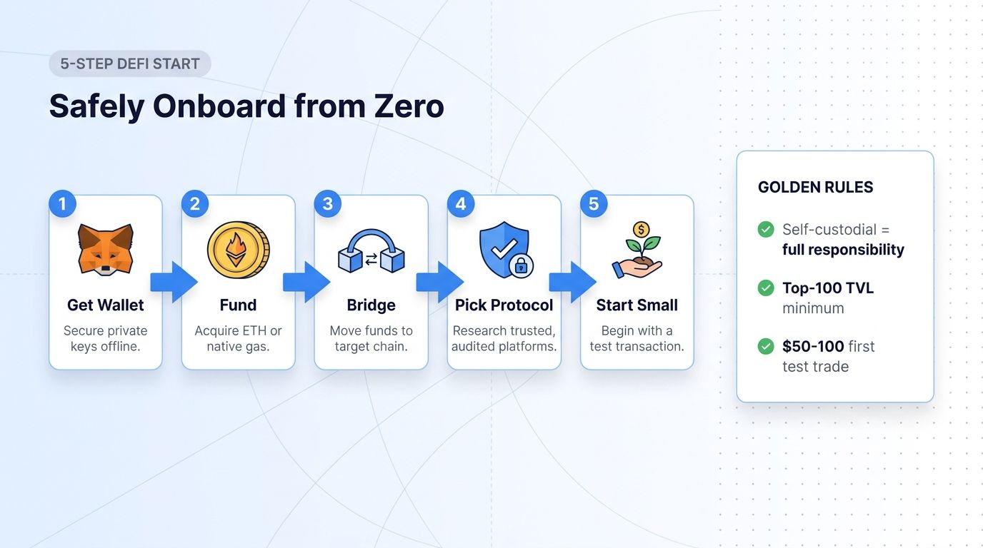 Five-step DeFi onboarding workflow: get a wallet, fund with native gas, bridge if needed, pick audited protocol, start small.
