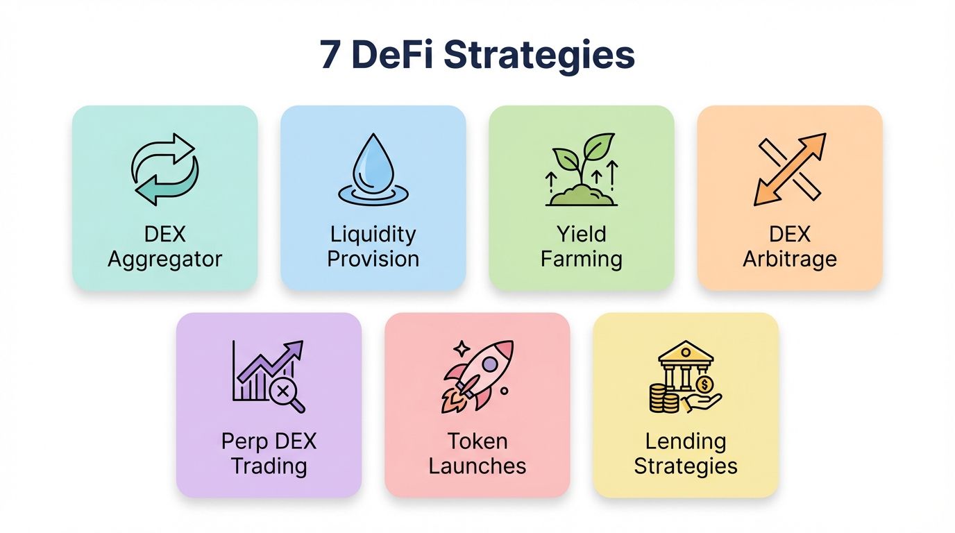 Grid overview of 7 DeFi trading strategies including DEX aggregator liquidity provision yield farming and arbitrage