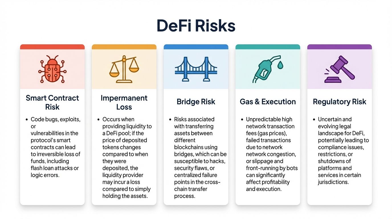 Five DeFi risk categories including smart contract risk impermanent loss bridge risk gas execution and regulatory risk