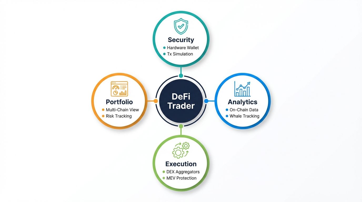 DeFi trading tools ecosystem showing security analytics execution and portfolio management categories