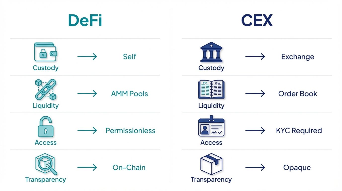 Comparison chart showing key differences between DeFi and centralized exchange trading