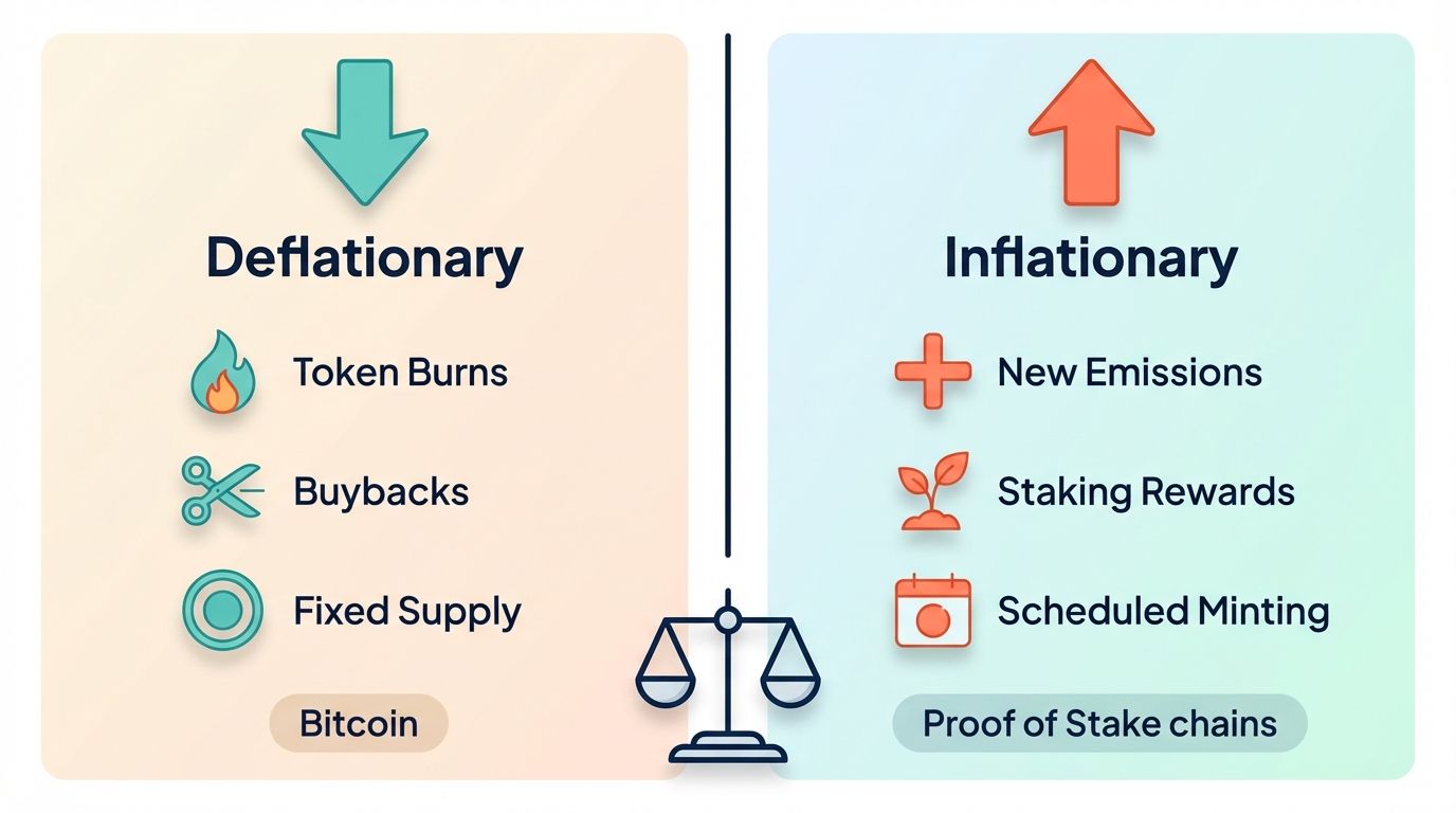 Deflationary versus inflationary tokenomics comparison showing token burns buybacks fixed supply versus new emissions