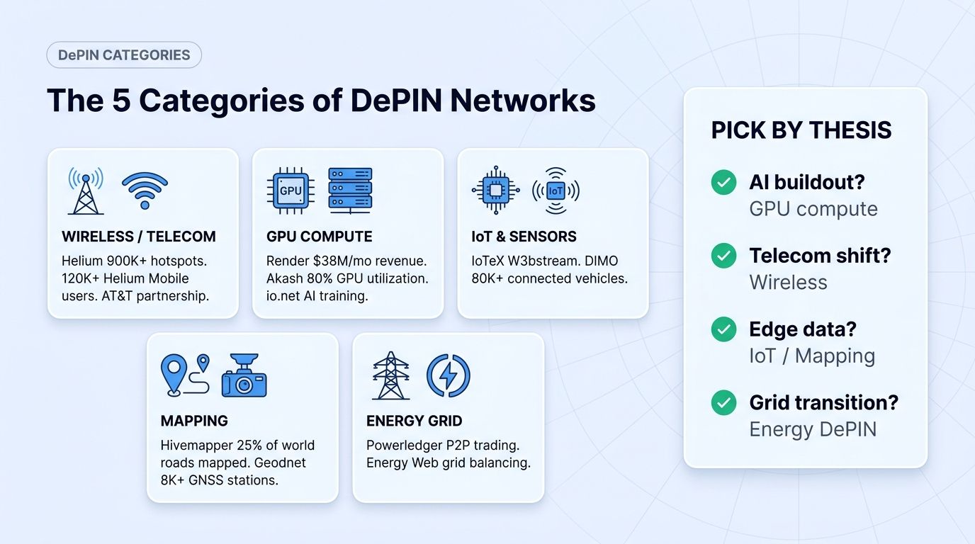 The 5 categories of DePIN networks: wireless, GPU compute, IoT, mapping, energy