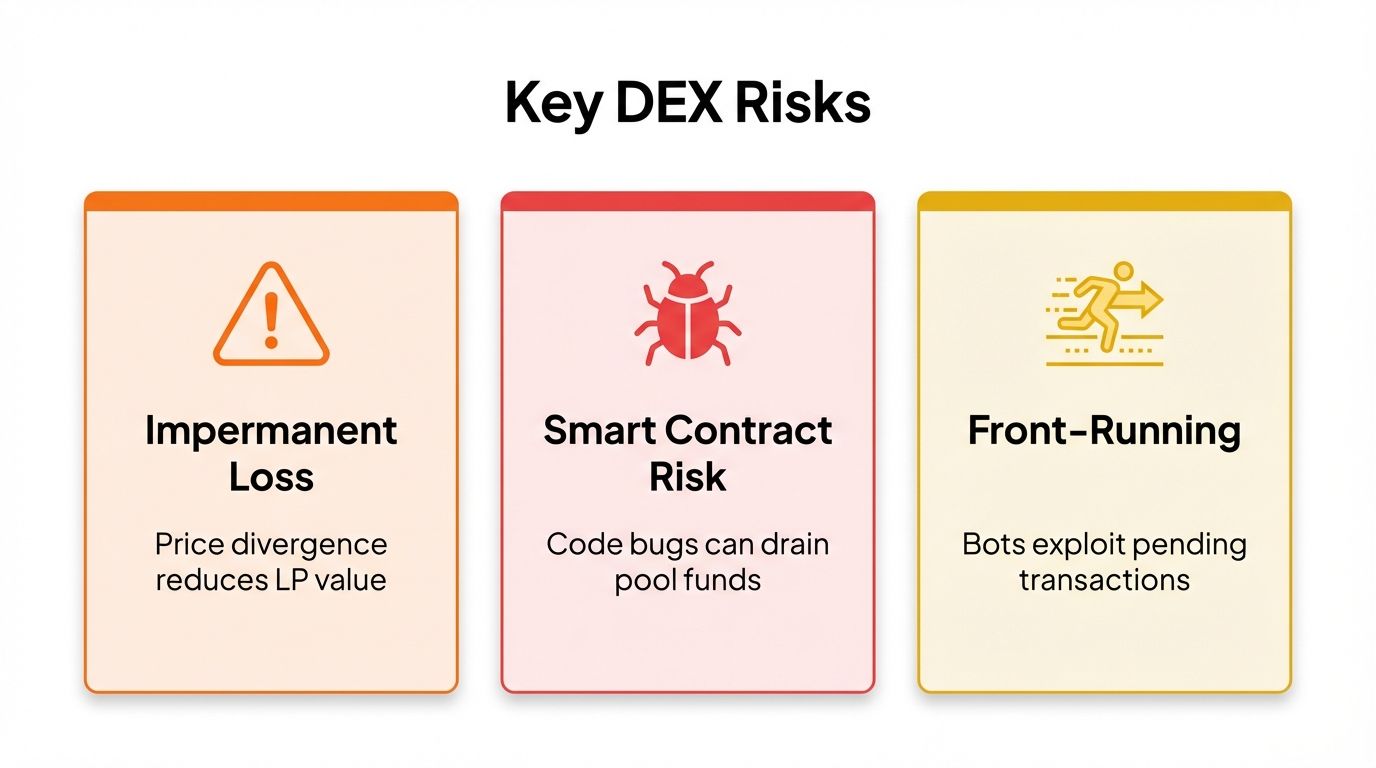 Three key DEX risks illustrated: impermanent loss, smart contract risk, and front-running by bots