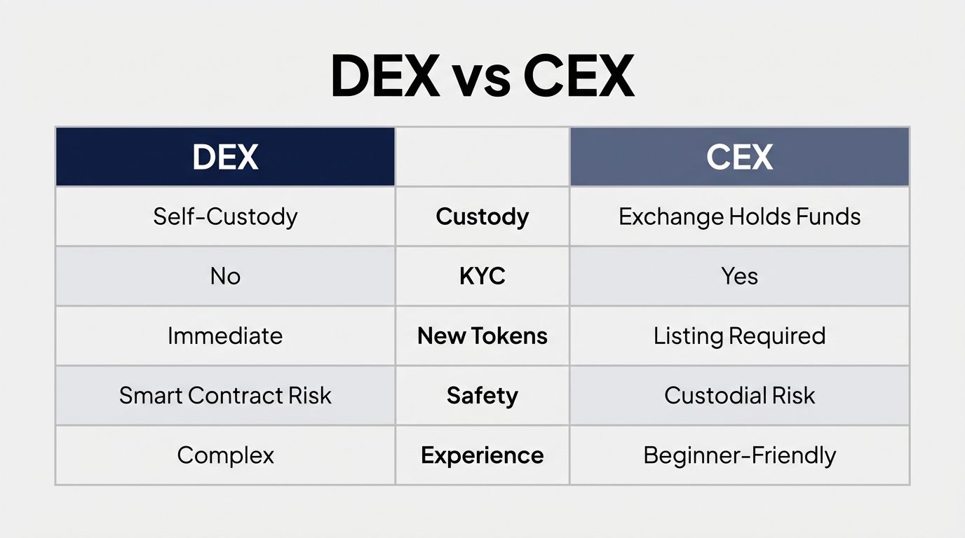 Side-by-side comparison of DEX vs CEX across custody, KYC, token access, safety, and user experience