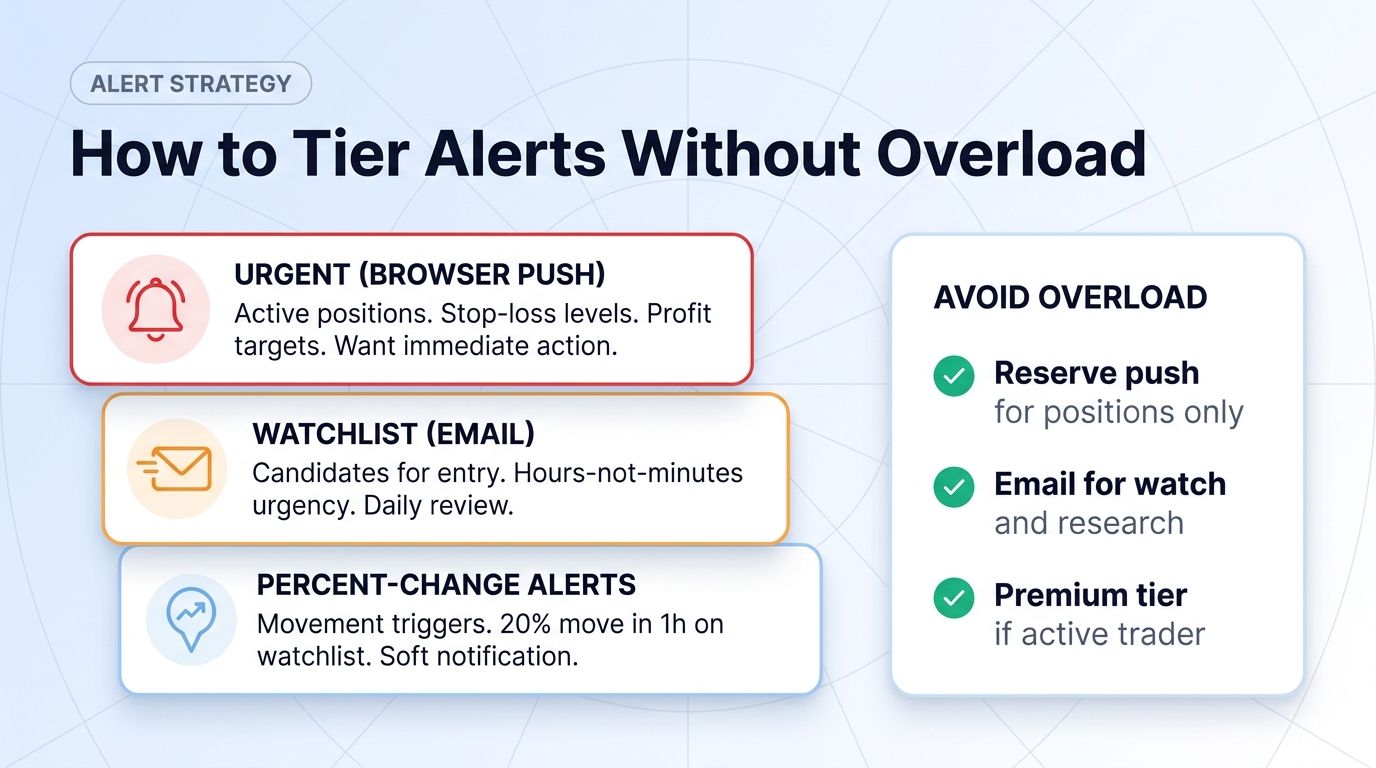 How to tier alerts: urgent push, watchlist email, percent-change