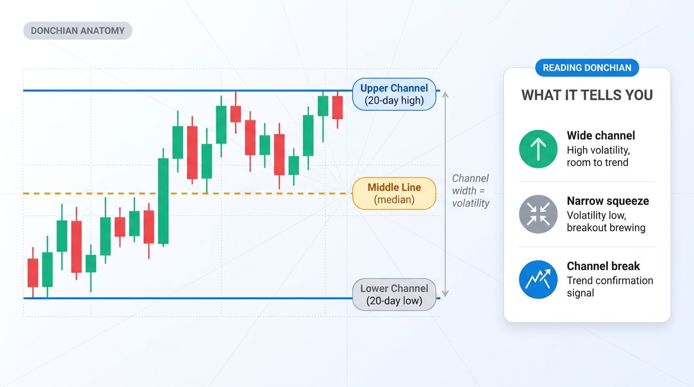 Anatomy of a Donchian Channel - upper, middle, and lower lines tracking price extremes