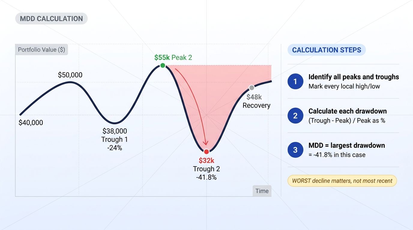 Maximum drawdown calculation step by step with peaks, troughs, and recovery markers