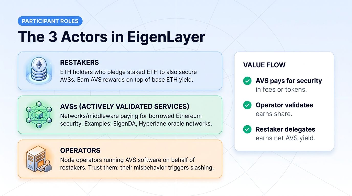 The 3 actors in EigenLayer: restakers, AVSs, operators