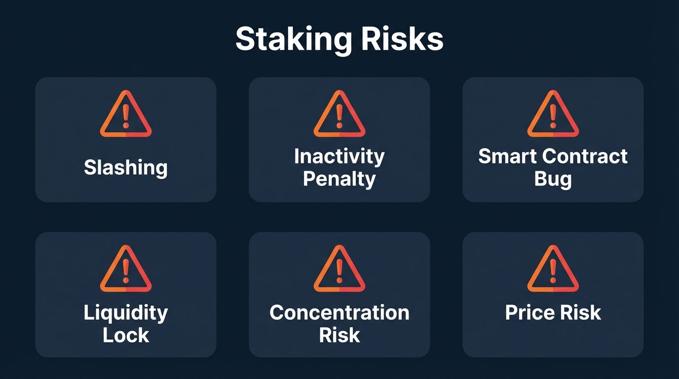 6 ethereum staking risks: slashing, inactivity penalty, smart contract bug, liquidity lock, concentration risk, price risk