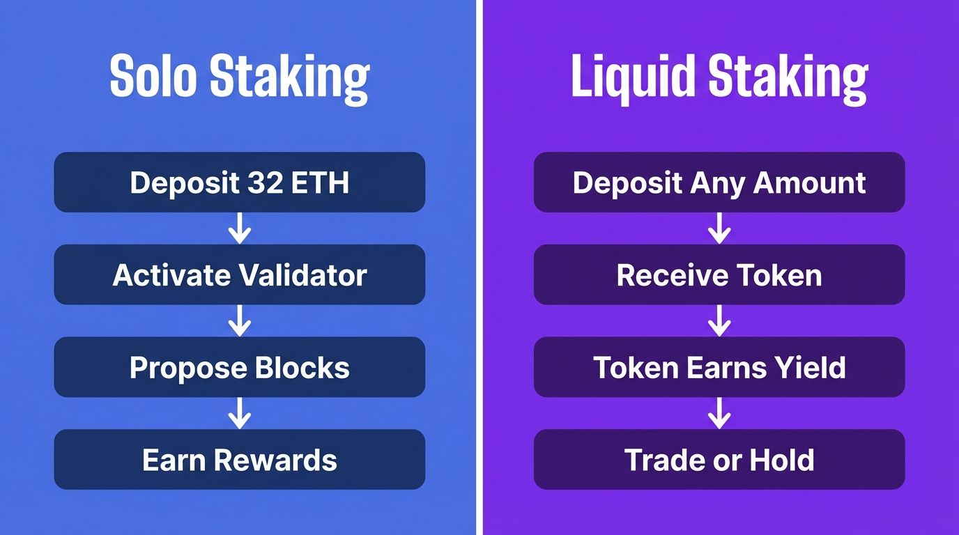 Solo staking vs liquid staking comparison showing step-by-step flows for each method