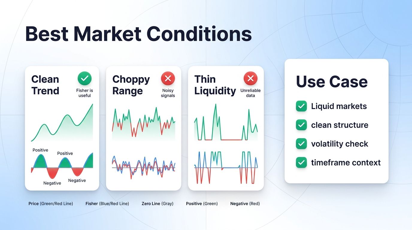 Best market conditions for Fisher Transform in crypto trading