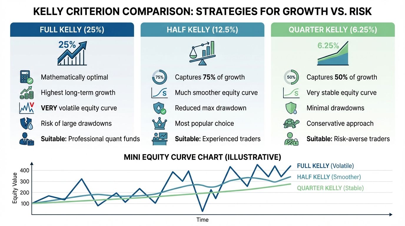 Full Kelly vs Half Kelly vs Quarter Kelly comparison