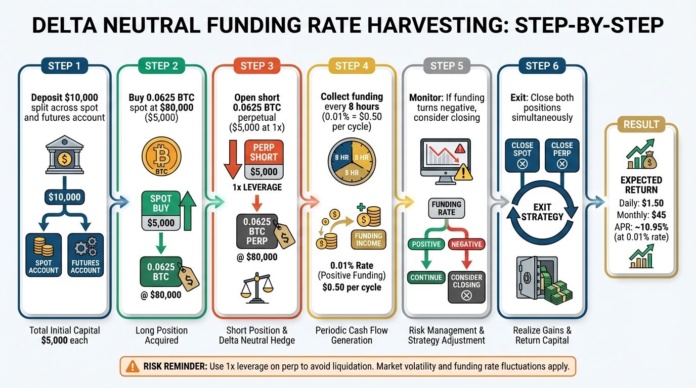 Delta neutral funding rate harvesting steps