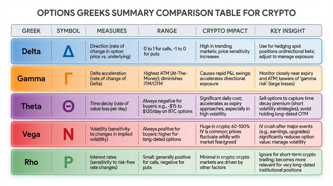 Options Greeks summary comparison table