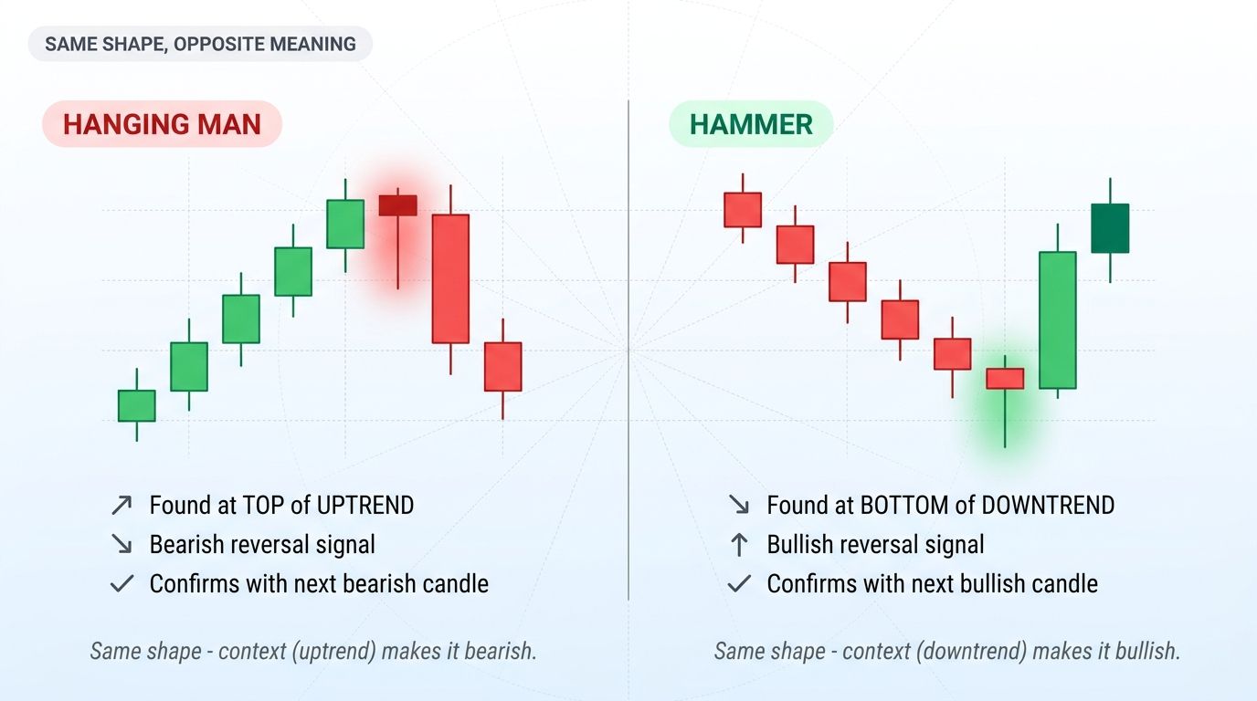 Hanging Man vs Hammer comparison - same candle shape but opposite trading meaning