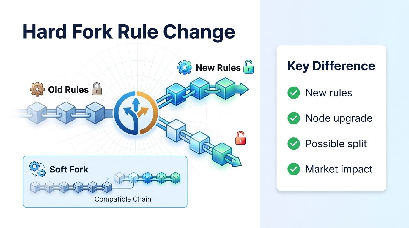 Hard fork vs soft fork blockchain rule change diagram