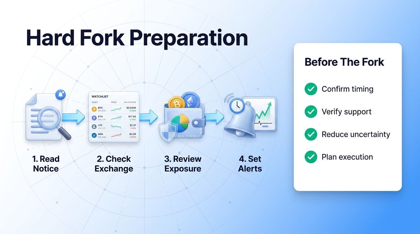 Hard fork preparation workflow for crypto traders using watchlists and alerts