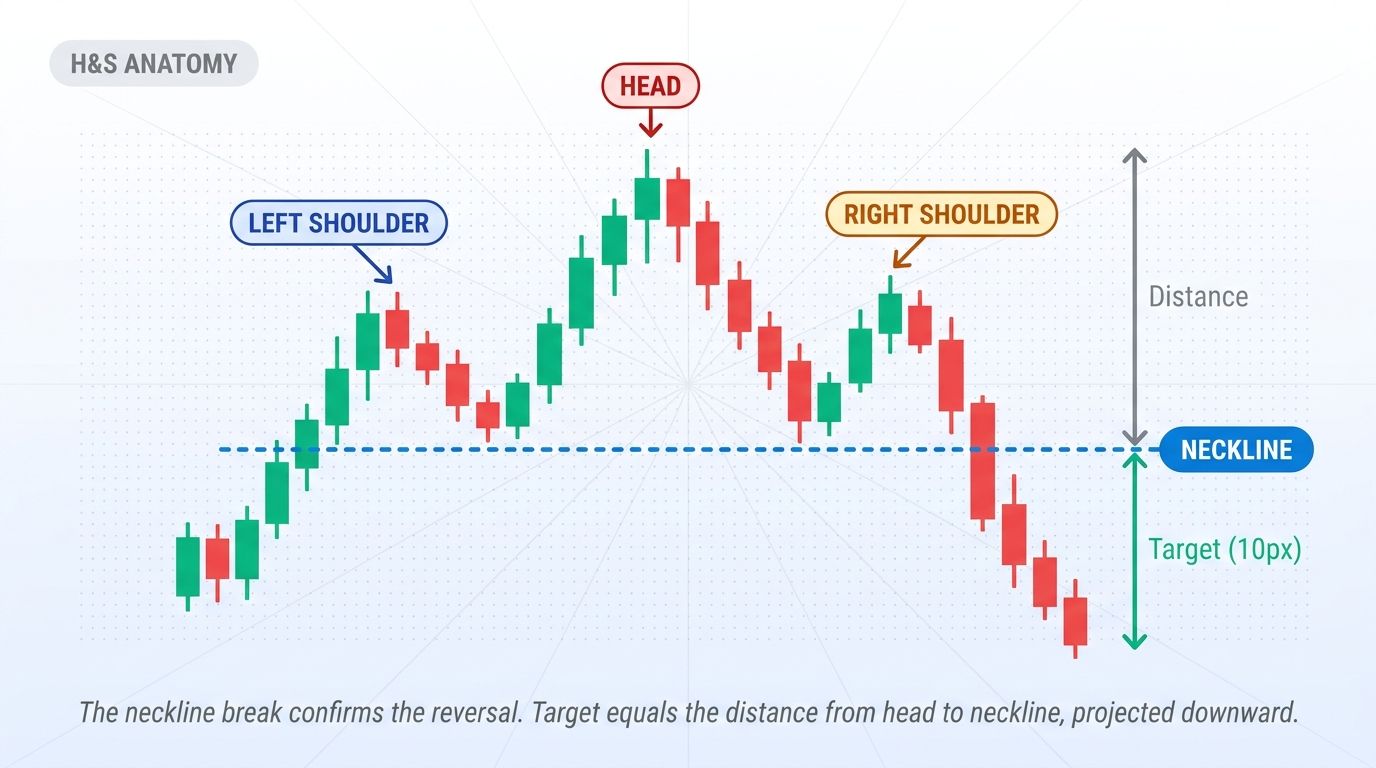 Head and Shoulders pattern anatomy showing left shoulder, head, right shoulder, neckline, and measured-move target