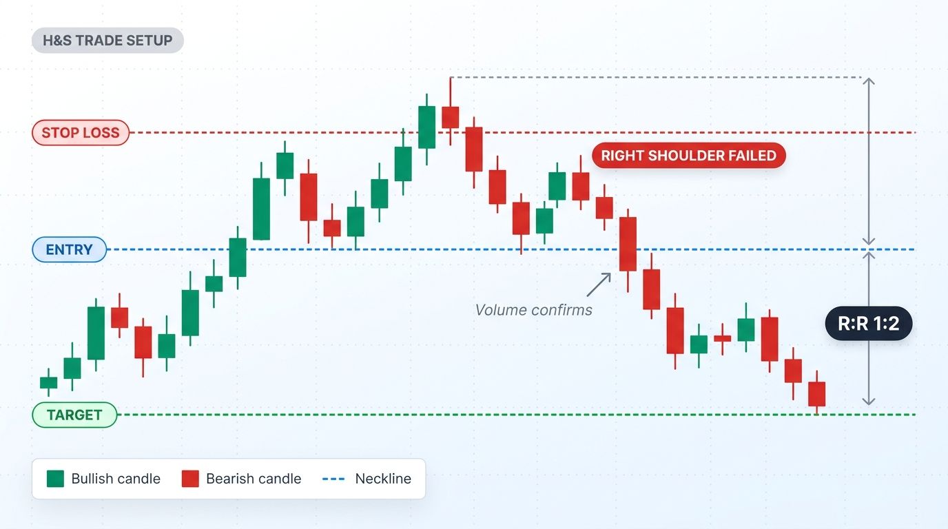 Head and Shoulders trade setup with entry, stop, target, and measured-move bracket