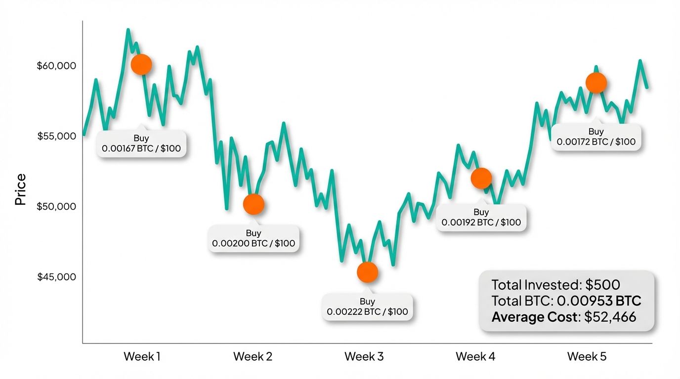How dollar cost averaging works in crypto with price chart and buy points