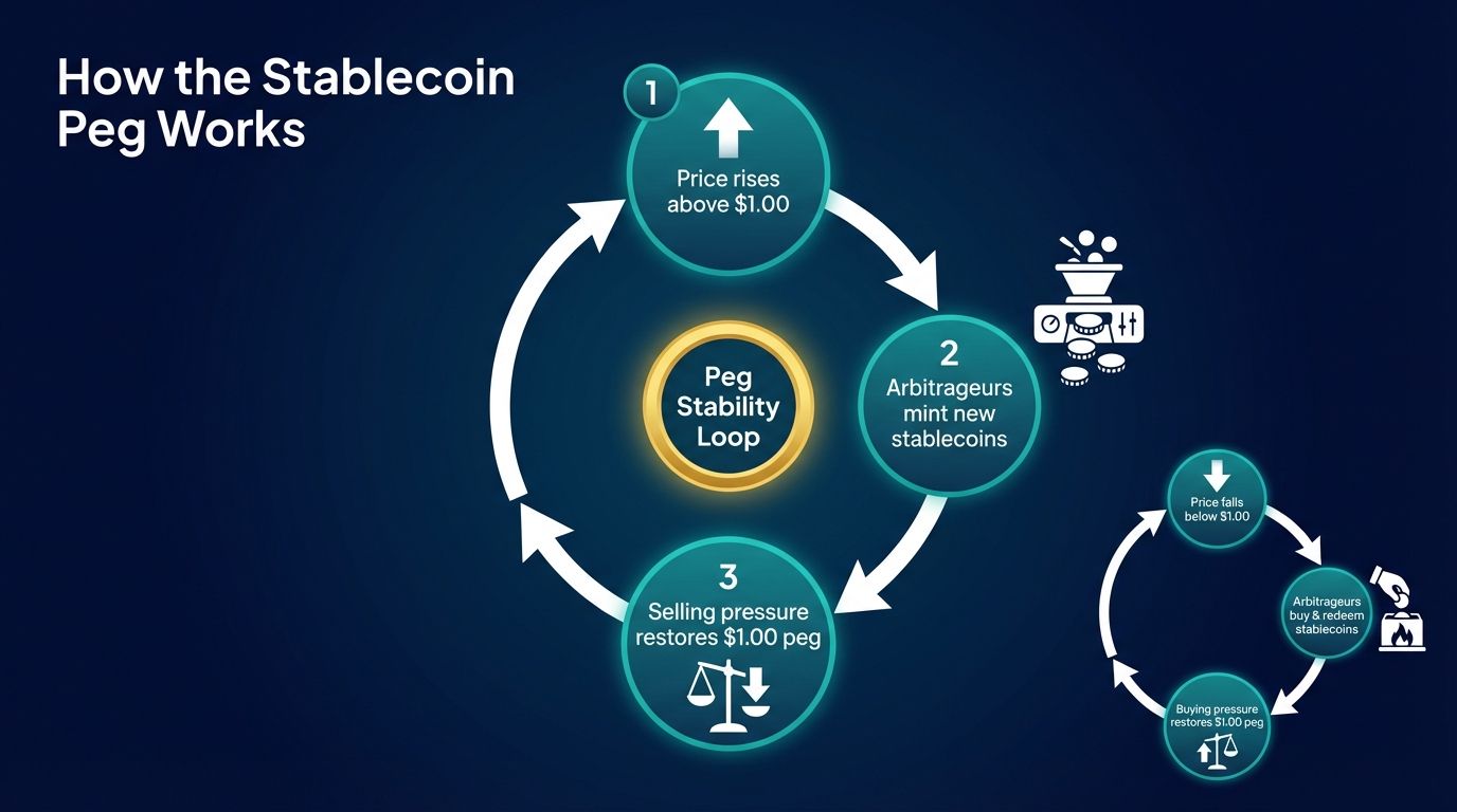 How stablecoin peg works arbitrage diagram