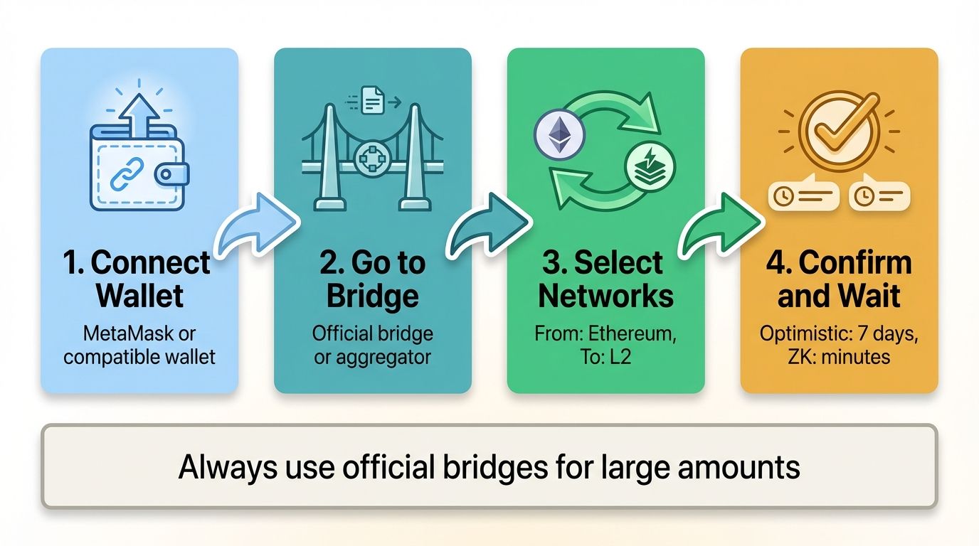 Four step guide to bridging crypto from Layer 1 to Layer 2: connect wallet go to bridge select networks confirm and wait