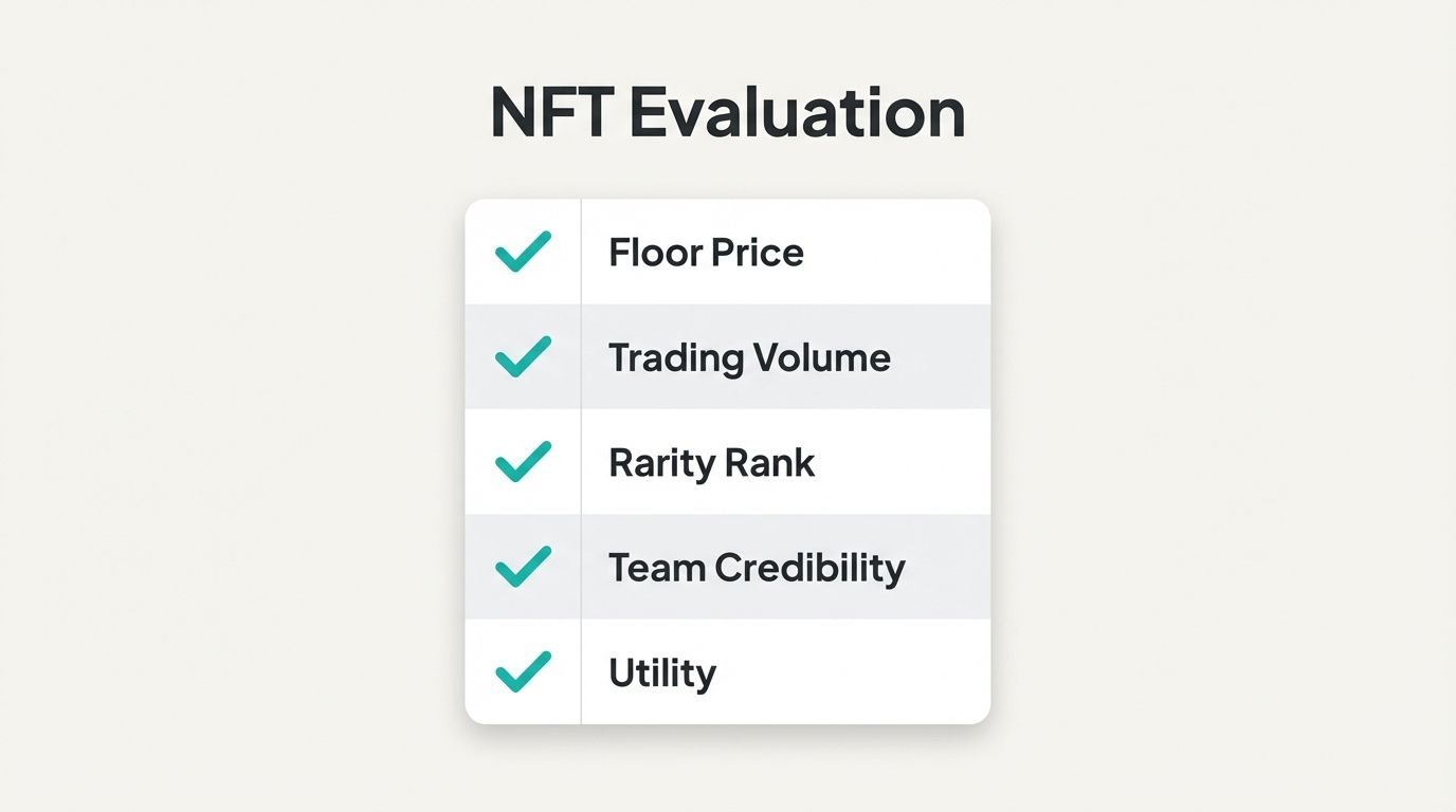 NFT evaluation checklist: floor price, trading volume, rarity rank, team credibility, utility