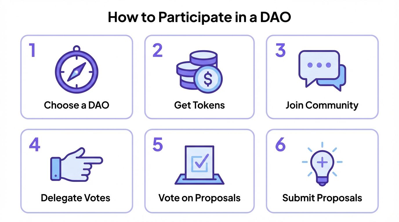 Six-step guide to participating in DAO governance: choose a DAO, get tokens, join community, delegate votes, vote on proposals, submit proposals