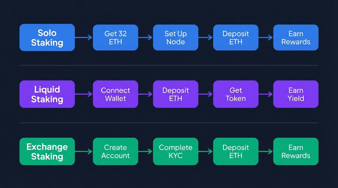 How to start ethereum staking showing steps for solo staking, liquid staking, and exchange staking