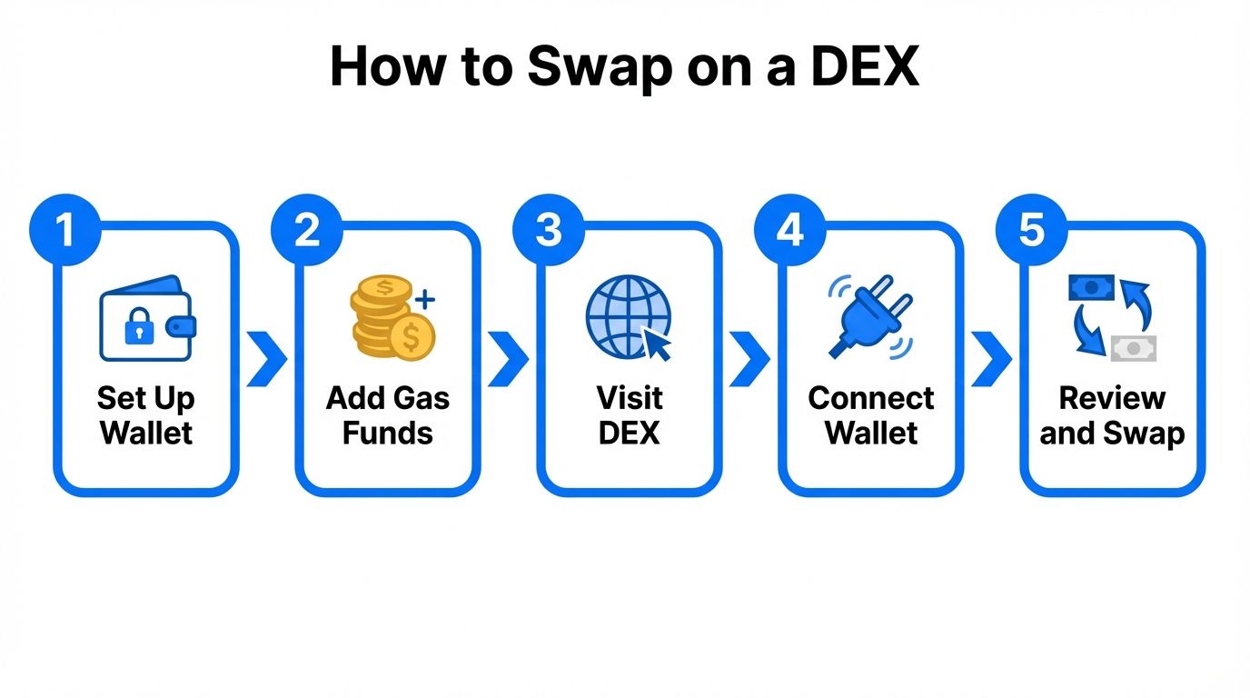 Five-step process to swap tokens on a decentralized exchange: set up wallet, add gas funds, visit DEX, connect wallet, review and swap