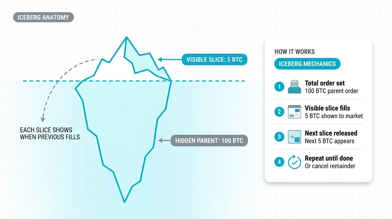 Iceberg order anatomy showing visible tip vs hidden parent below the waterline