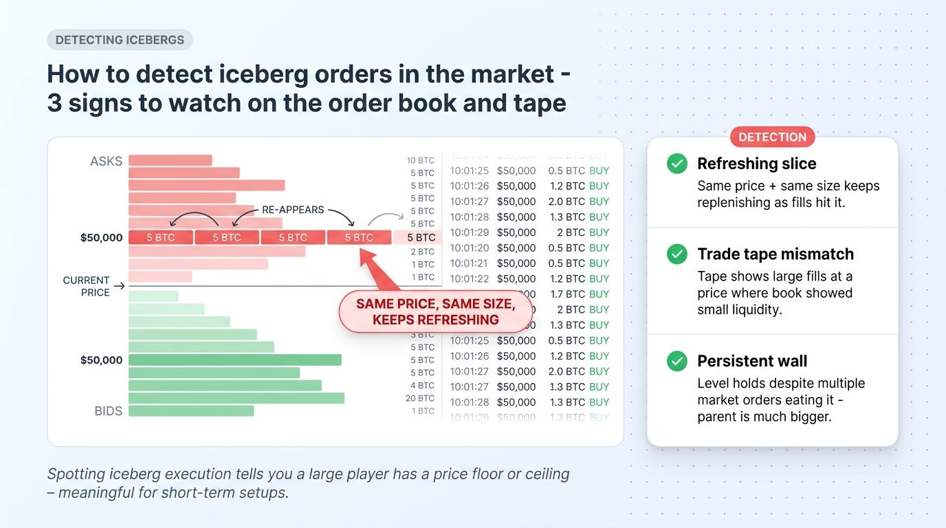 How to detect iceberg orders - refreshing slice, trade tape mismatch, persistent wall