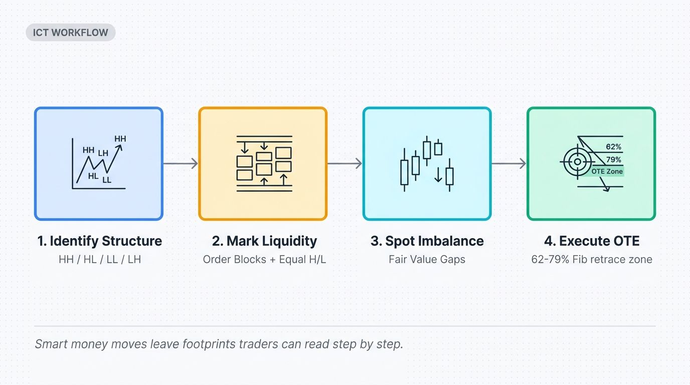 ICT mindset workflow - identify structure, mark liquidity, spot imbalance, execute OTE