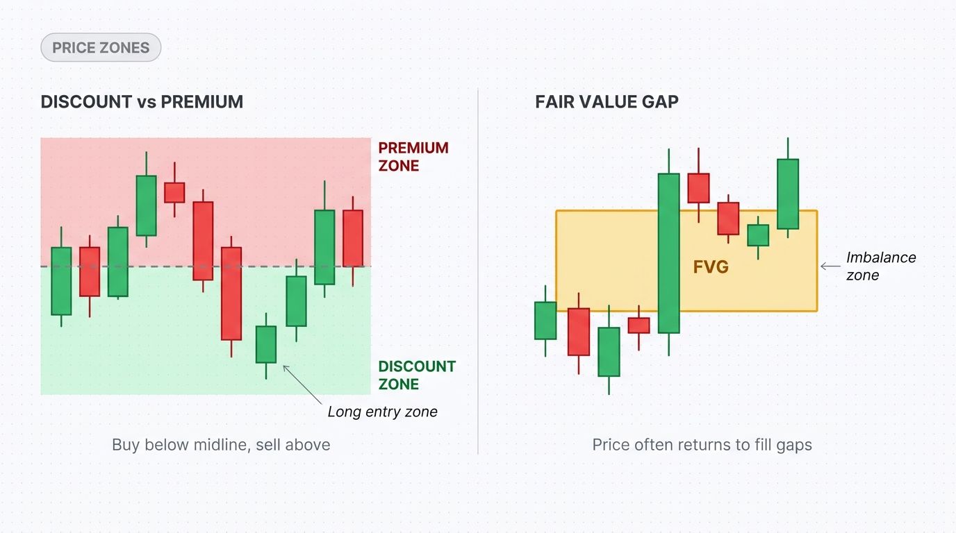 Discount and Premium zones plus Fair Value Gap visualized on candlestick charts