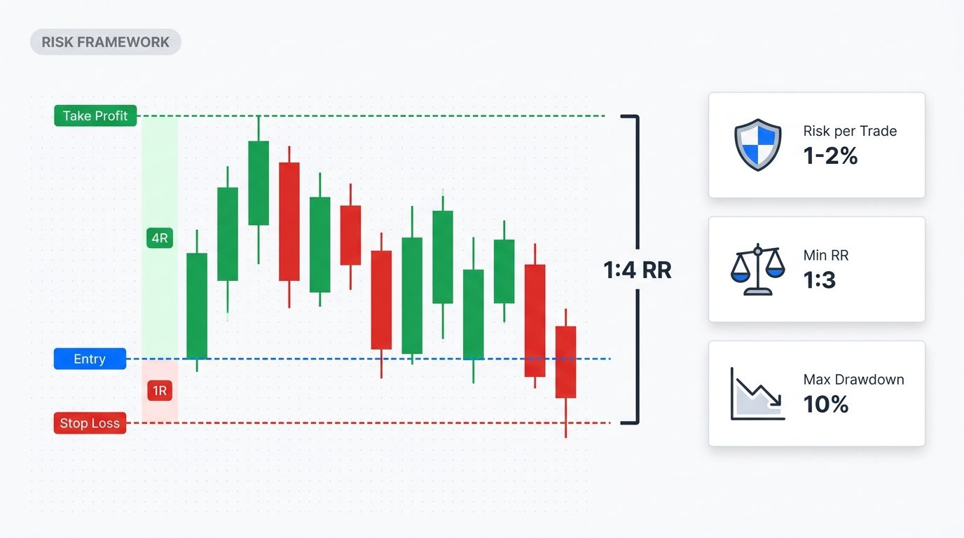 Risk management framework for ICT trading with 1:4 risk-reward ratio