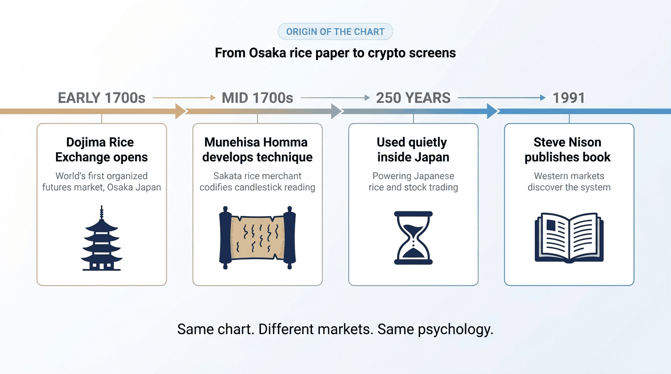 From Osaka rice paper in the 1700s to crypto screens in 2026: same chart, same psychology.