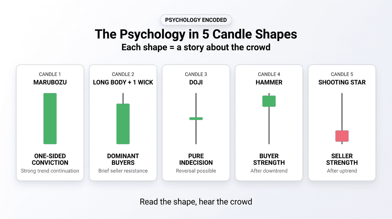 Five candle shapes, five psychological states: from one-sided conviction to pure indecision.
