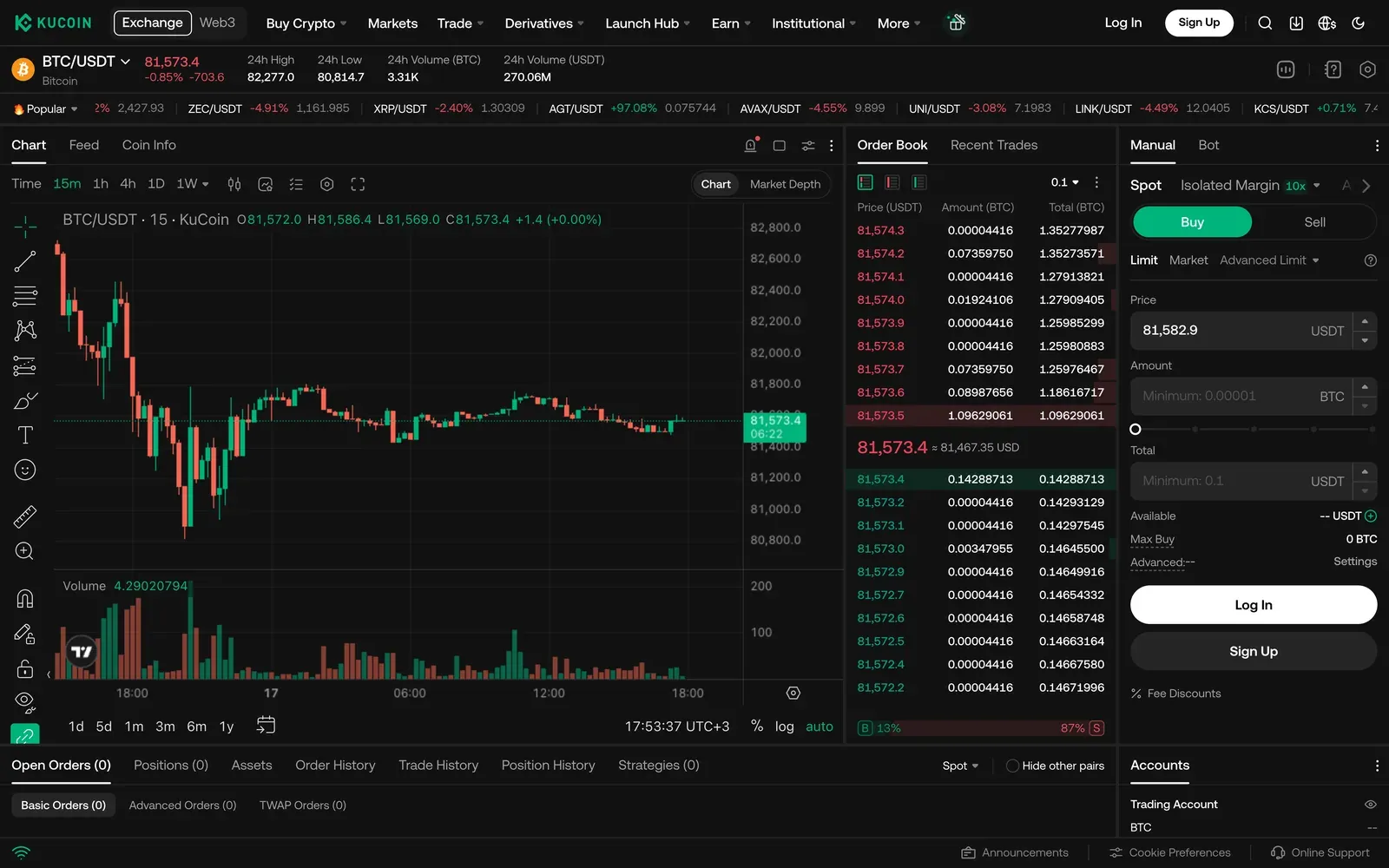 KuCoin spot trading BTC/USDT with the candlestick chart, order book and an order panel offering Manual and Bot tabs