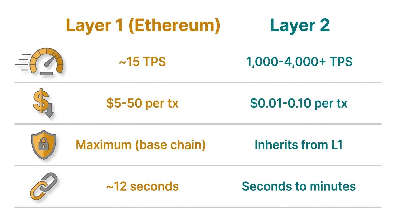 Layer 1 versus Layer 2 comparison table showing speed fees security and finality differences