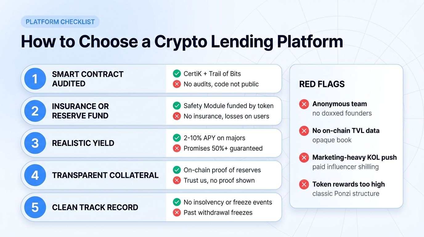 Five-point checklist for choosing a crypto lending platform: smart contract audits, insurance fund, realistic yield, transparent collateral, clean track record, plus red flags to avoid