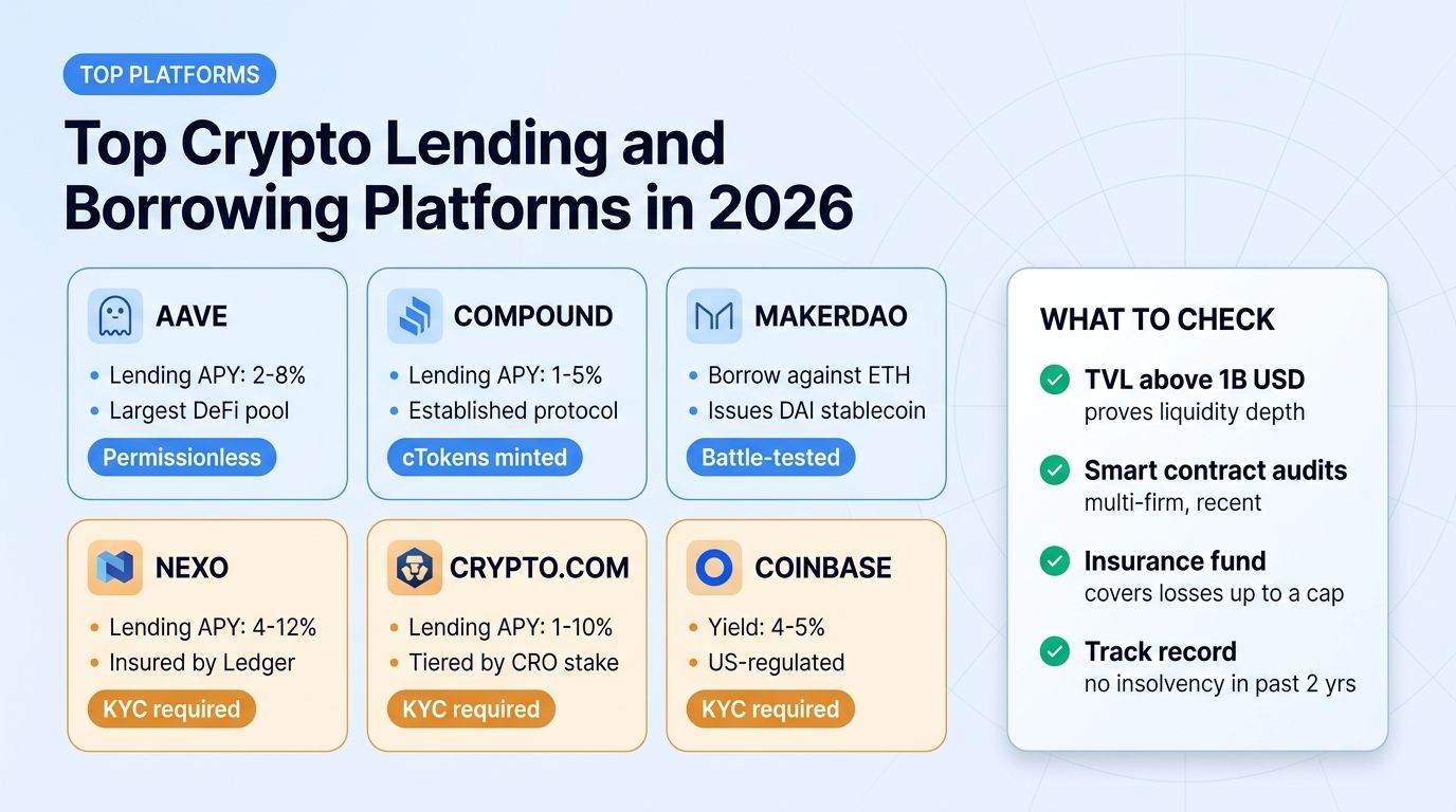 Comparison of top crypto lending platforms in 2026 including Aave, Compound, MakerDAO, Nexo, Crypto.com and Coinbase with APY ranges and selection criteria