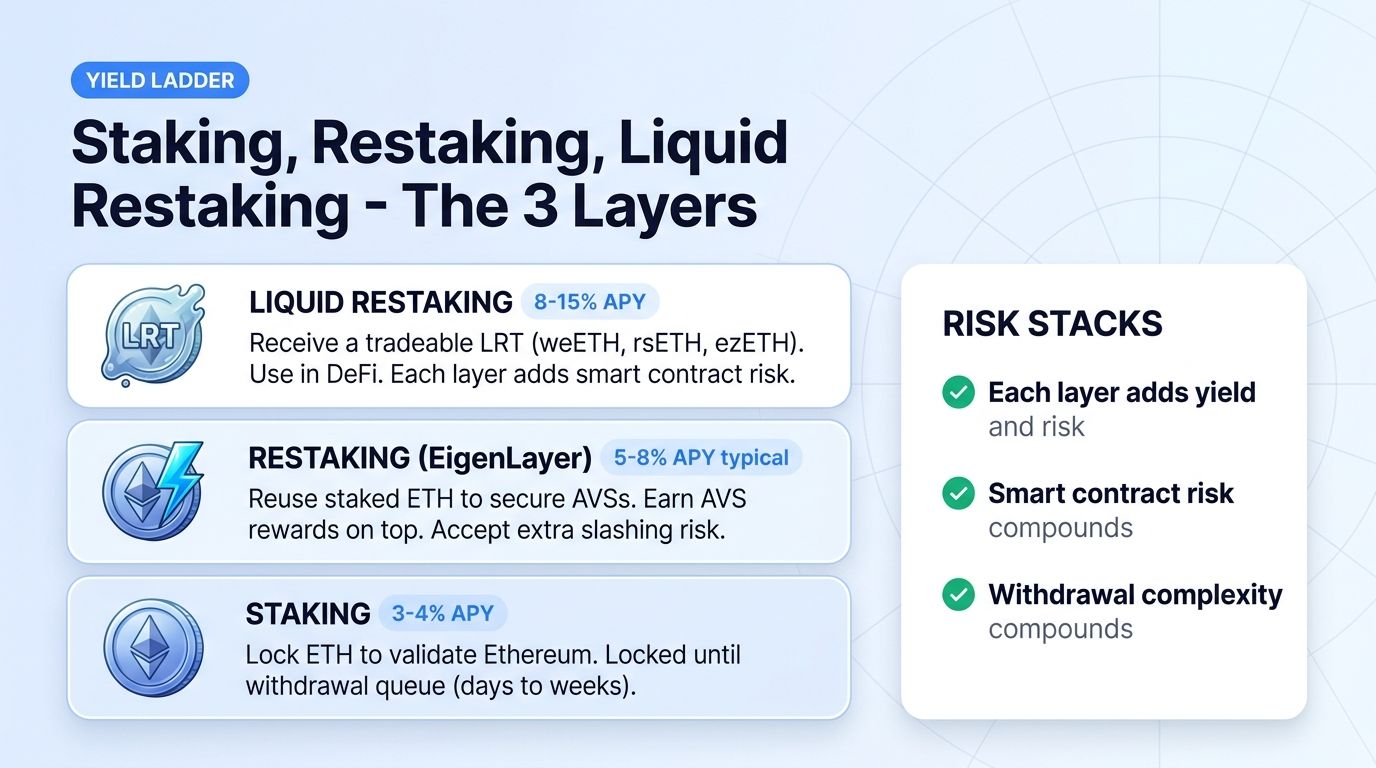 Staking, restaking, liquid restaking - the three layers and their yields