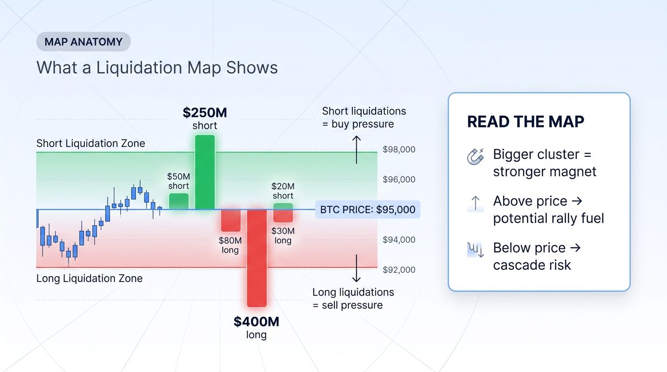 Liquidation map structure: short liquidation zone above price, long liquidation zone below price, with cluster size by capital at risk.