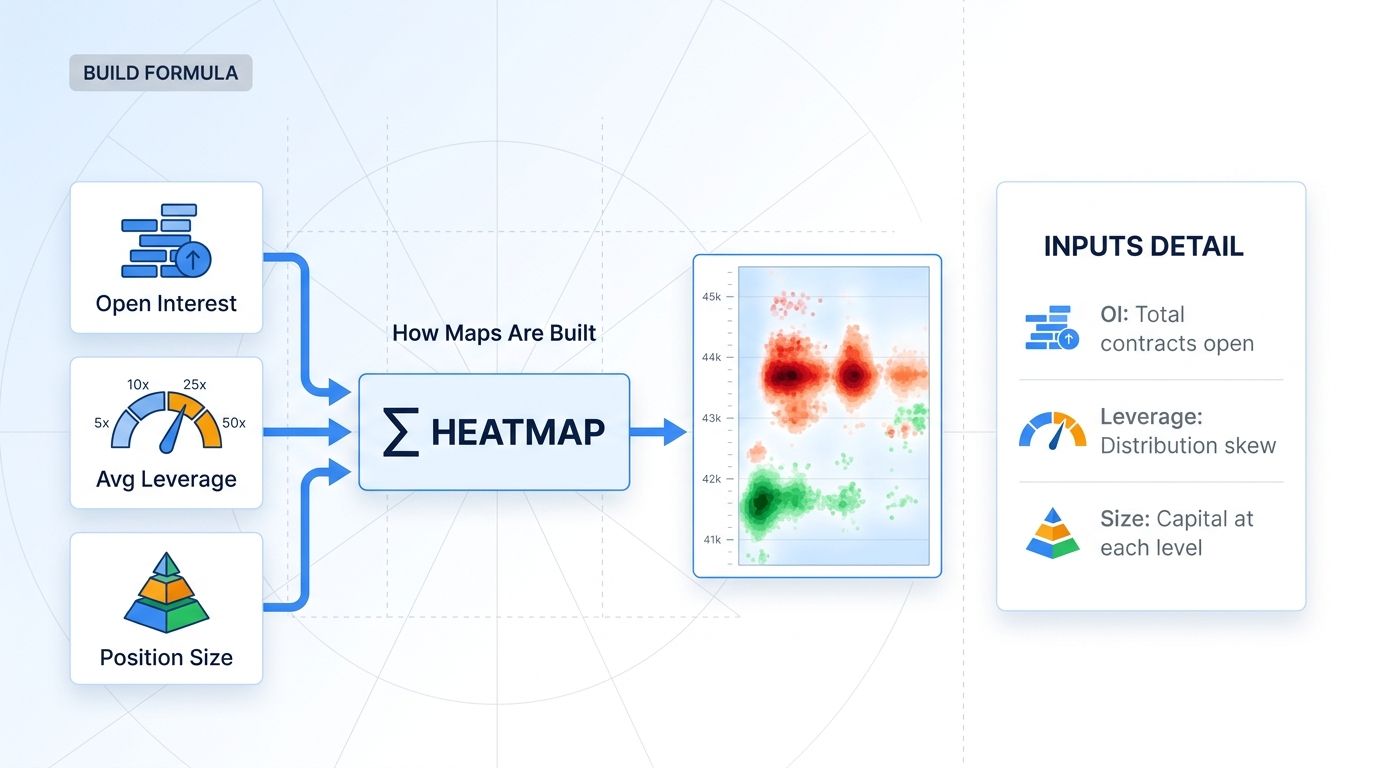 Three inputs to liquidation map calculation: open interest, average leverage distribution, position size at each price level.