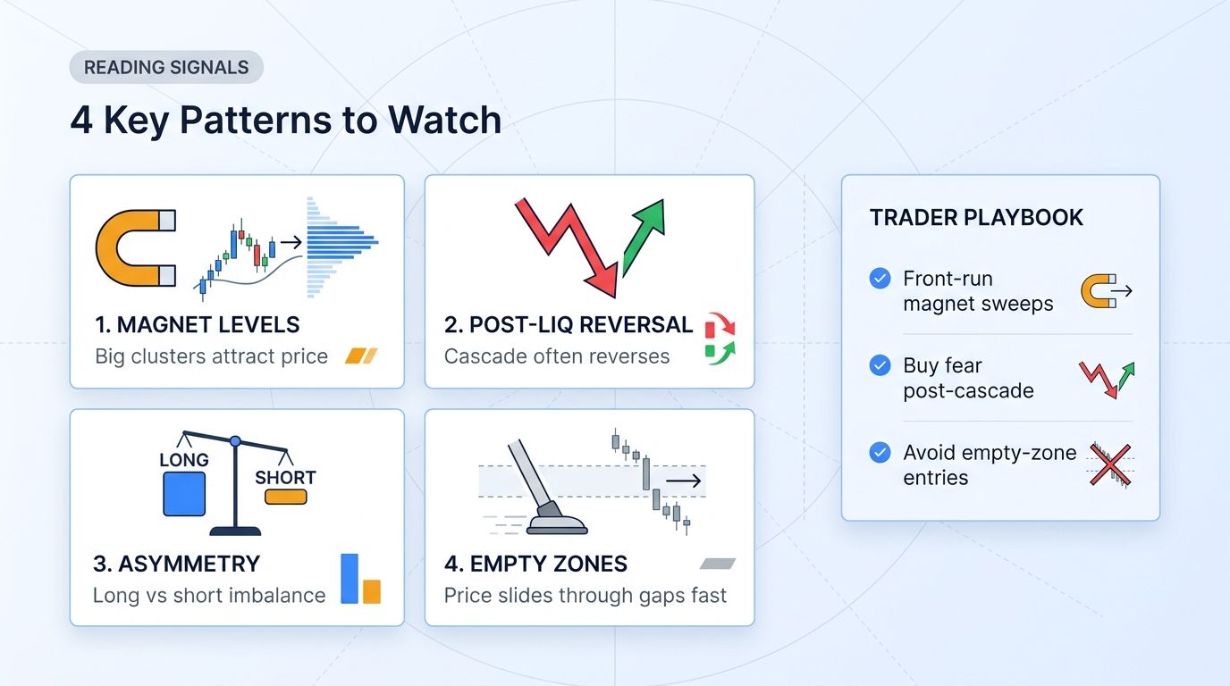 Four key liquidation map signals: magnet levels, post-liquidation reversals, asymmetry, and empty zones.