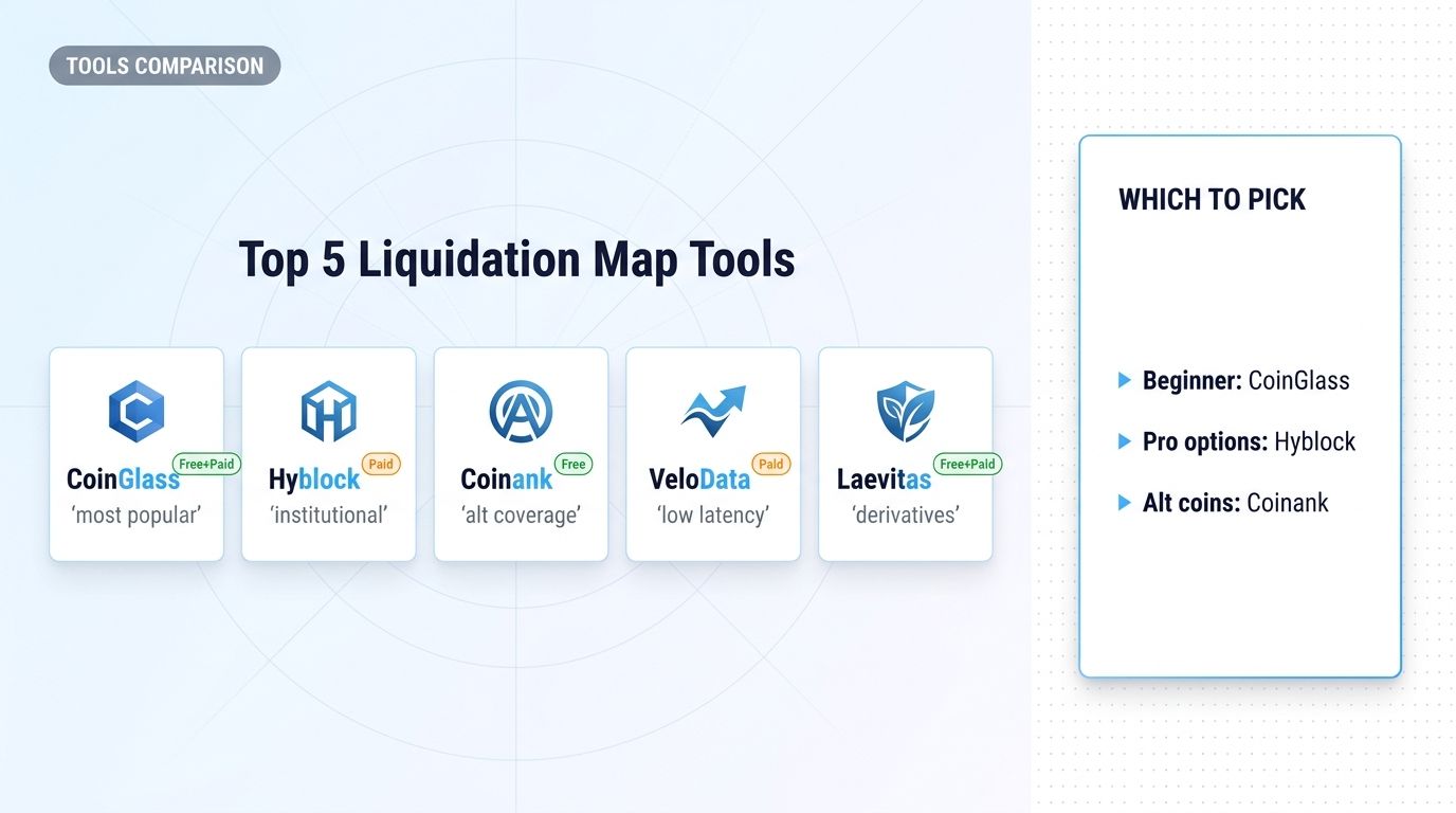 Top liquidation map tools 2026: CoinGlass (most popular), Hyblock (institutional), Coinank (alts), Velo (HFT), Laevitas (derivatives).
