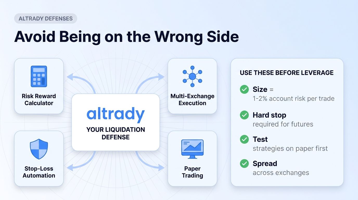 Altrady defenses against liquidation: Risk Reward Calculator, multi-exchange execution, stop-loss automation, paper trading.
